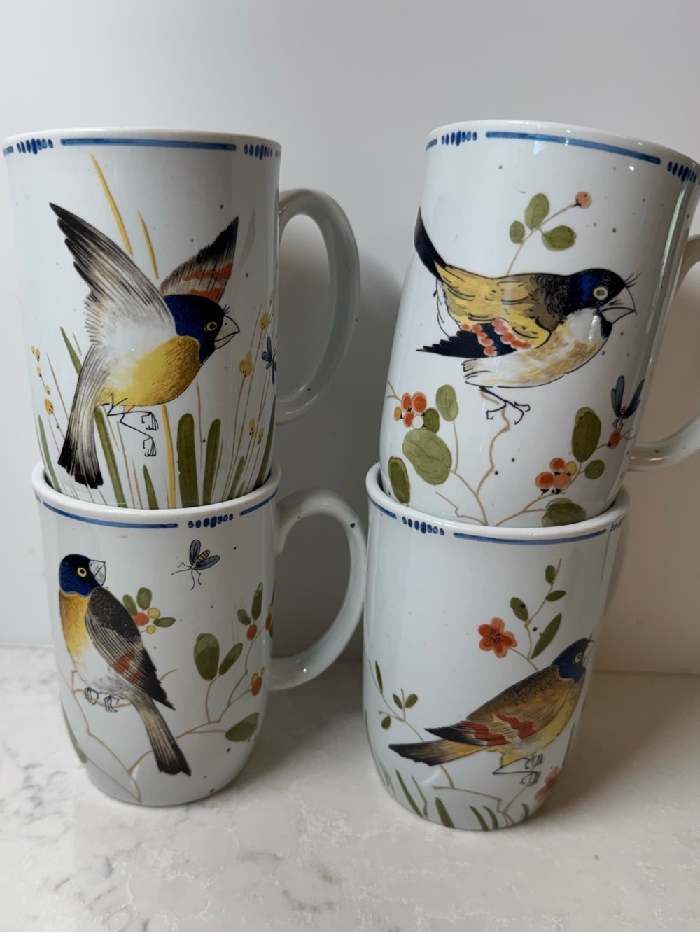 Fitz and Floyd Hand-Painted Bird Mugs in Blue, Yellow & Green